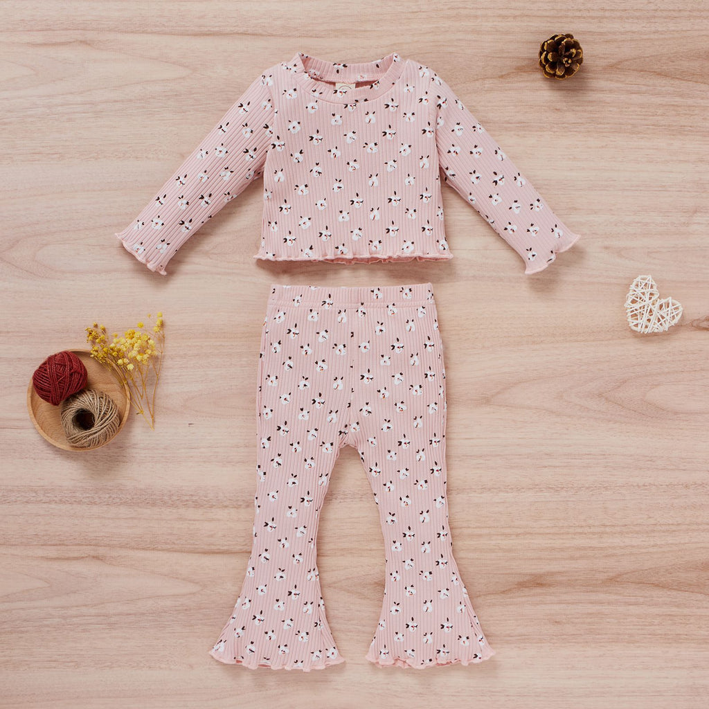 Toddler Girls Cotton Printed Long Sleeve Jacket Flared Trousers Set - PrettyKid