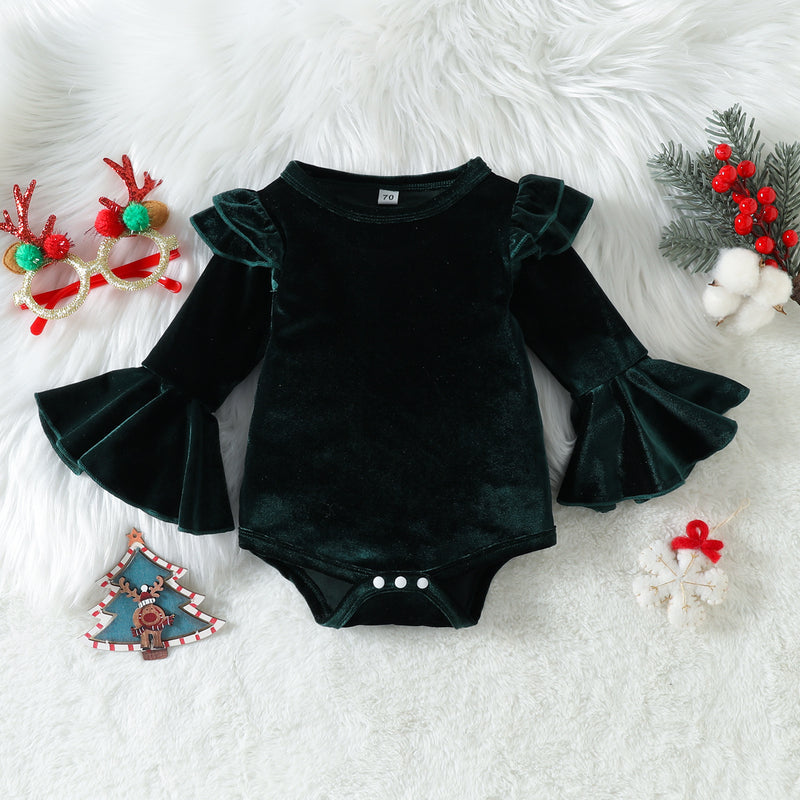 Baby Girls Solid Color Velvet Flared Long-sleeve Jumpsuit Lace Lace Shorts Set - PrettyKid