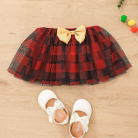 Baby Girls Solid Color Cartoon Letters Printed Long Sleeved Top Plaid Mesh Short Skirt - PrettyKid