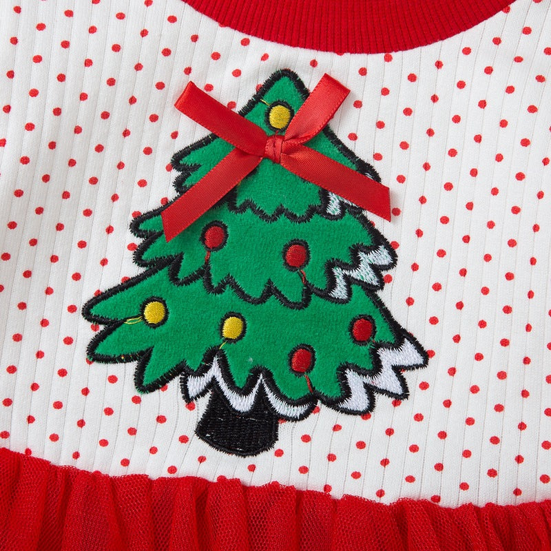 Toddler Kids Girls Christmas Tree Print Polka Dot Mesh Long Sleeve Dress Christmas Dress - PrettyKid