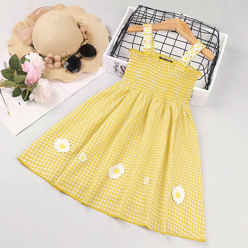 Toddler Kids Girls Summer Solid Color Daisy Plaid Sheath Camisole Dress - PrettyKid