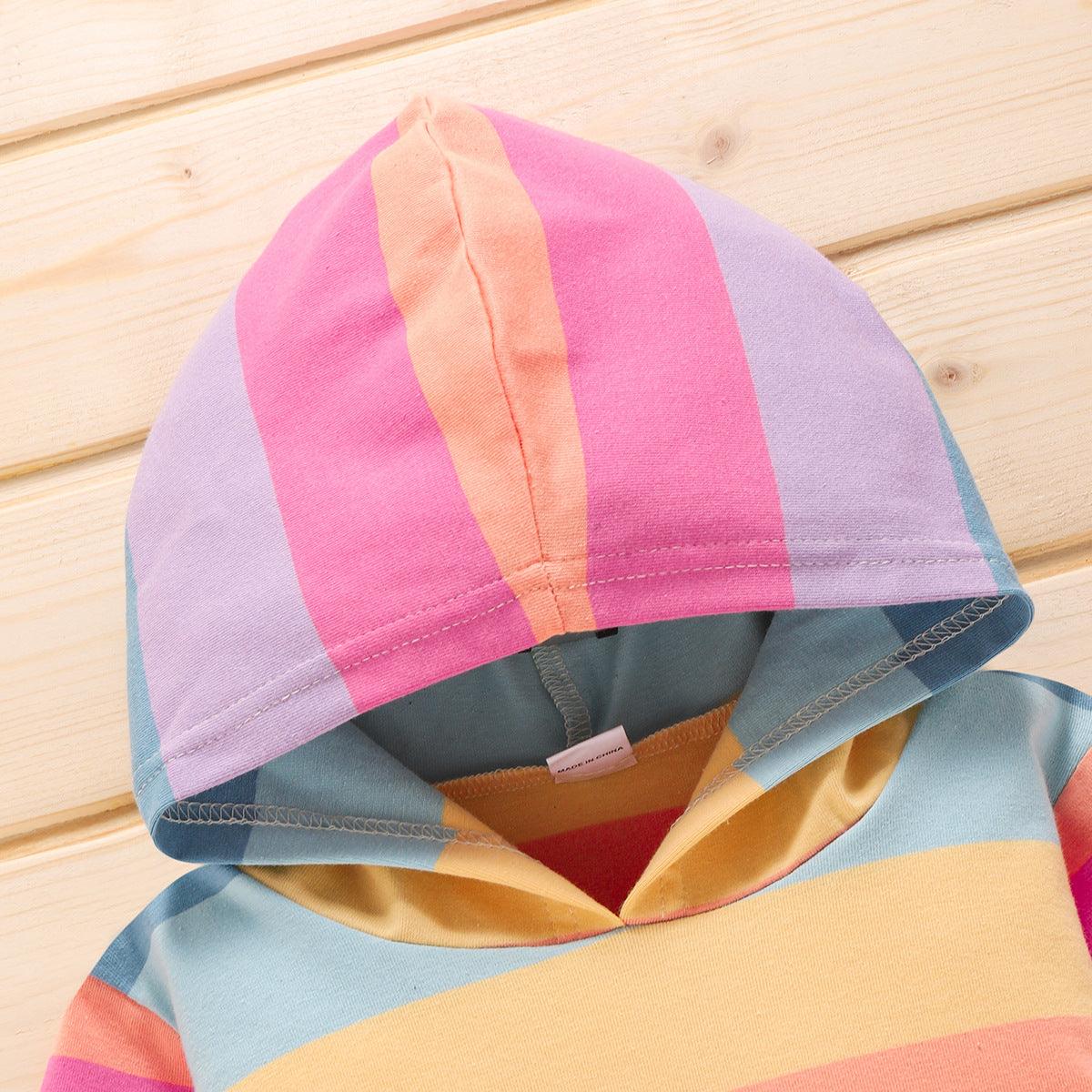 Toddler Kids Children's Rainbow Printed Long Sleeve Hooded Top - PrettyKid