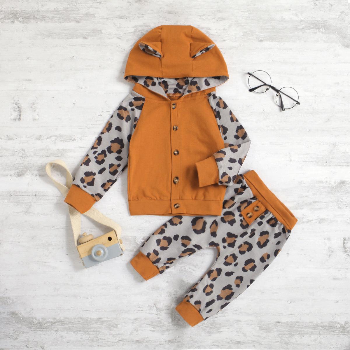 Toddler Boys Girls Cute Little Ear Hoodie Leopard Pants Set - PrettyKid