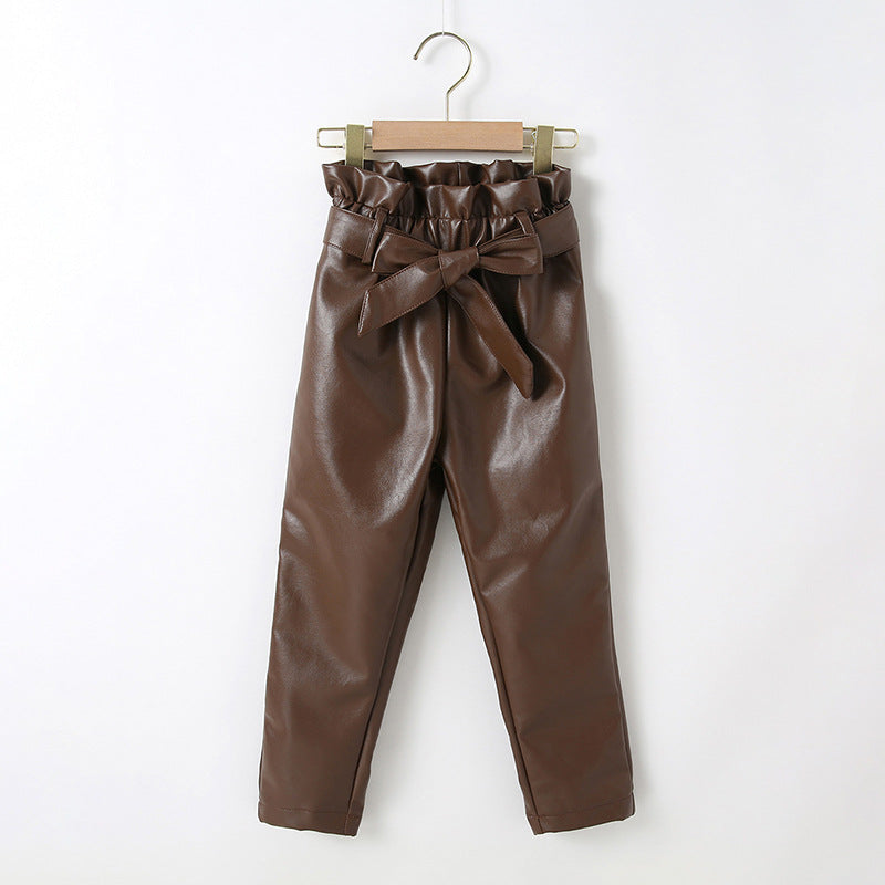 Toddler Kids Girls' Solid Color BOW BELT PU Leather Pants - PrettyKid