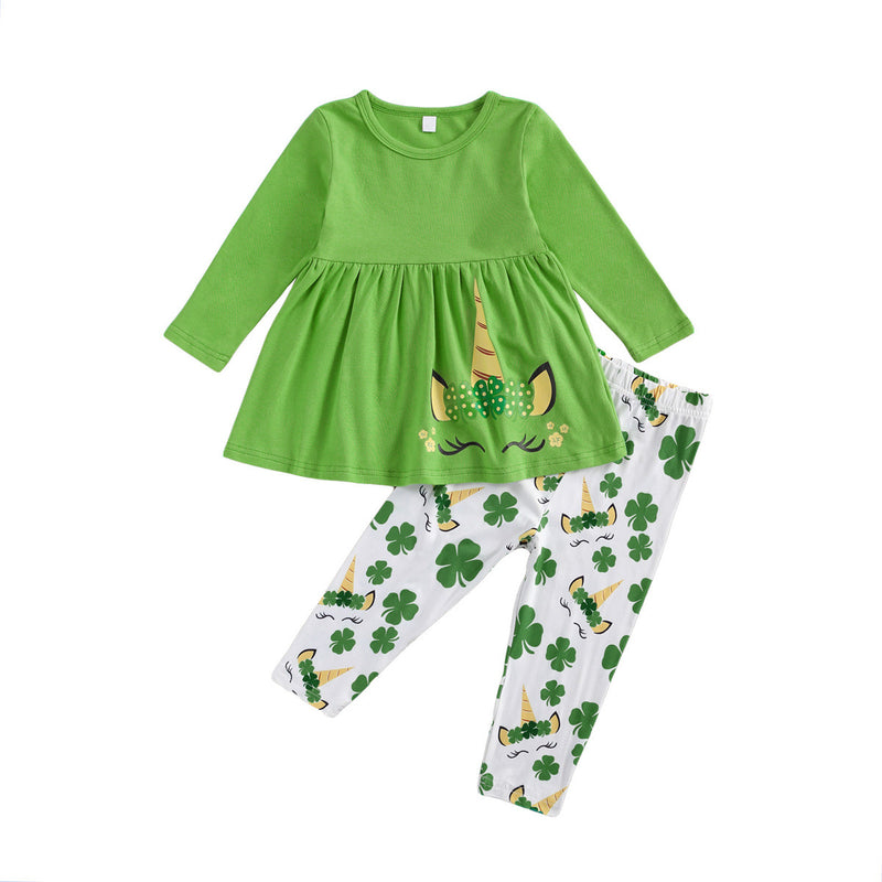 Toddler Kids Girls Green Unicorn Clover Long Sleeve Suit - PrettyKid