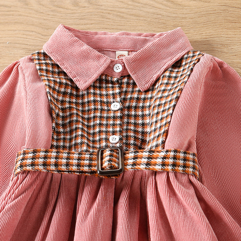 Toddler kids girls Solid color plaid patchwork vintage dress - PrettyKid