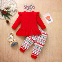 Girls Cute Cartoon Christmas Printed Long Sleeved Top Long Pants Hair Accessories Set - PrettyKid