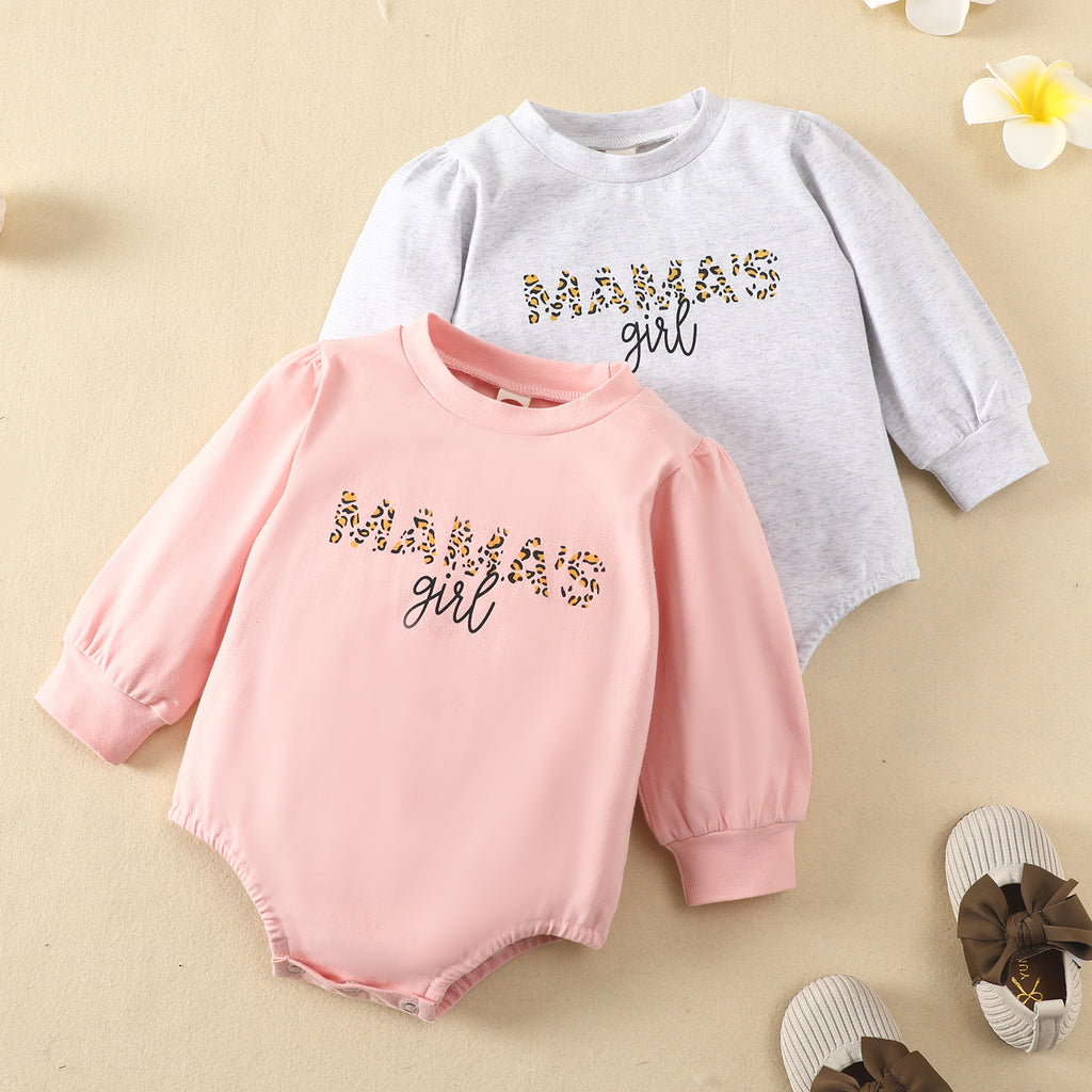 Baby Girls Solid Mama's Girls Leopard Print Monogrammed Long Sleeve Jumpsuit - PrettyKid