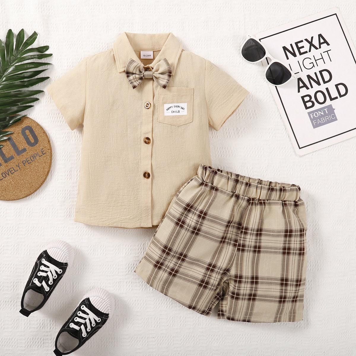 Boys' Solid Color Shirt+checked Shorts