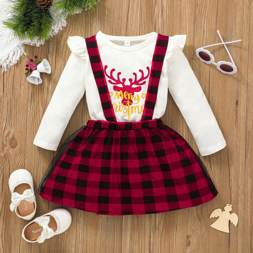 Christmas Dress Long Sleeve Strap Red Plaid Elk Skirt Set - PrettyKid