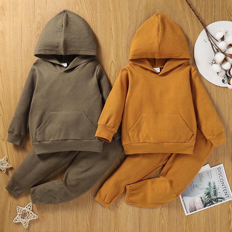 Toddler Kids Solid Color Hooded Long Sleeved Sweatshirt Set - PrettyKid