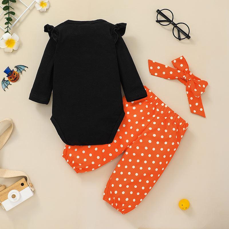 Baby Girls Letter Halloween Pumpkin Print Top Wave Dot Pants Two Piece Set Bulk Childrens Clothing - PrettyKid