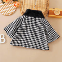 Baby Girl Black White Thousand Bird Check Wool Collar Button Long Sleeve Coat - PrettyKid