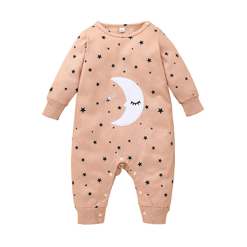 Baby Girls Solid Color Lovely Moon Star Print Long Sleeve Jumpsuit - PrettyKid