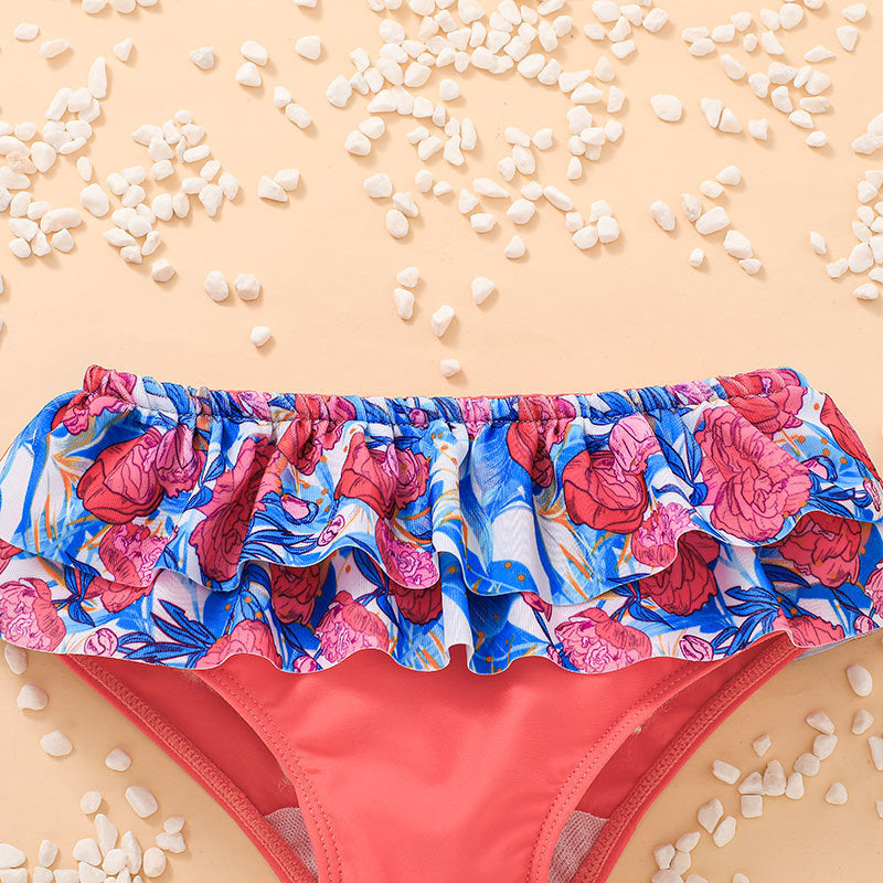 Toddler Kids Girls Flower Print Suspender Top Briefs Swimsuit Swimming Set - PrettyKid