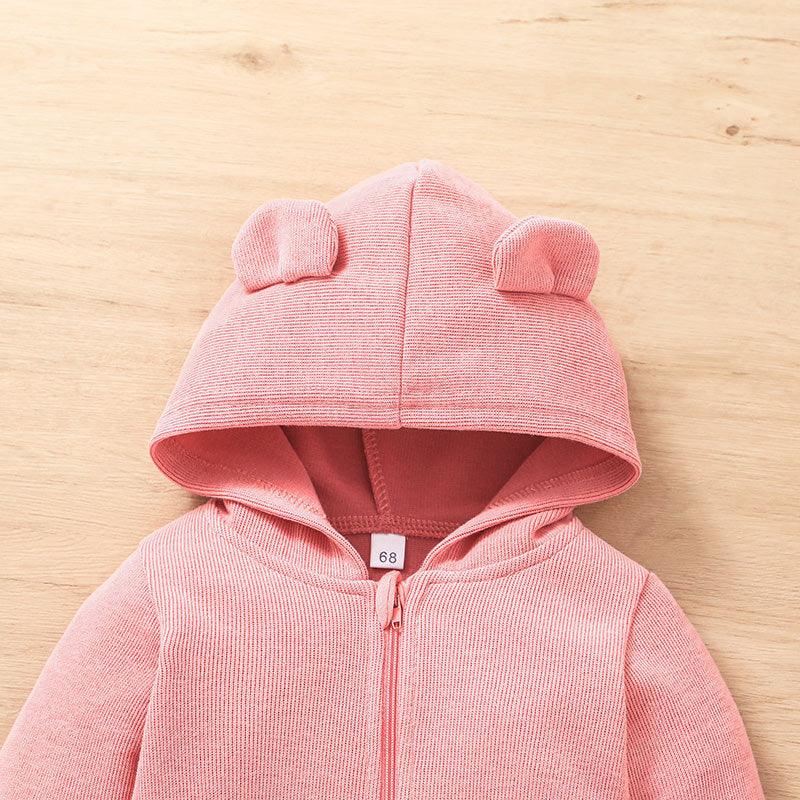 Baby Girls Solid Color Cute Cartoon Bear Zipper Hoodie Jumpsuit - PrettyKid