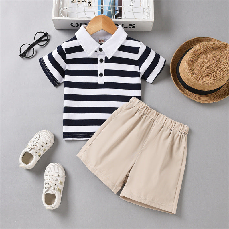 Toddler Kids Striped Polo Neck Short Sleeve T-shirt Solid Shorts Set - PrettyKid