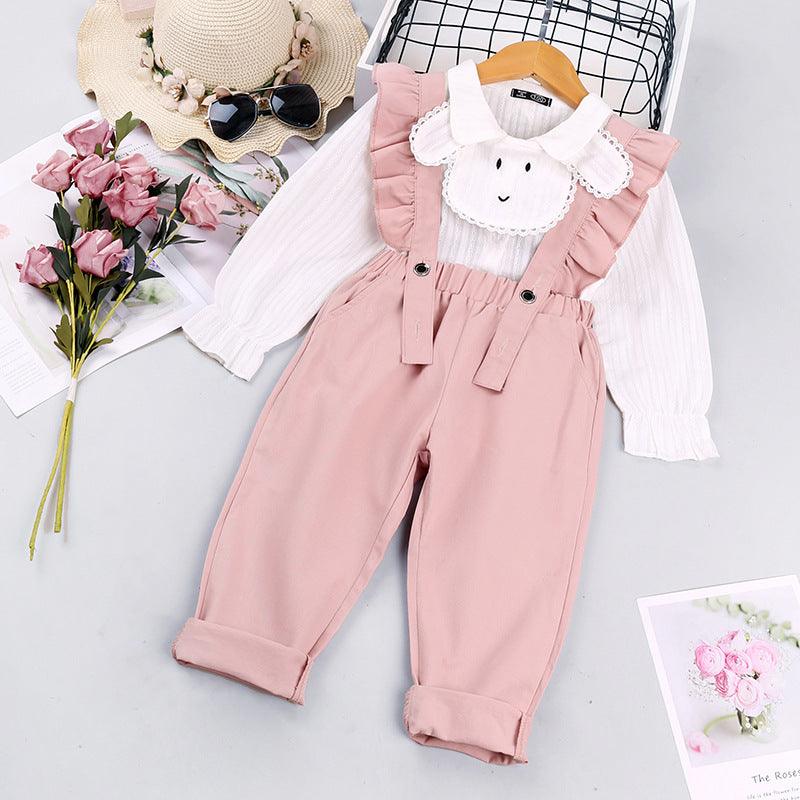 Toddler Girls Cartoon Long Sleeve Shirt Lace Suspender Suit - PrettyKid