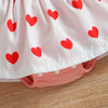 Baby Girls Solid Color Short-sleeved Love Print Bow Hair Decoration Jumpsuit Valentine's Day Clothing - PrettyKid