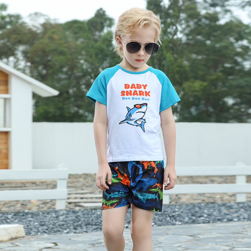 Toddler Kids Boys Cartoon Shark Print Color Matching Short Sleeved Shirt Shorts Set - PrettyKid