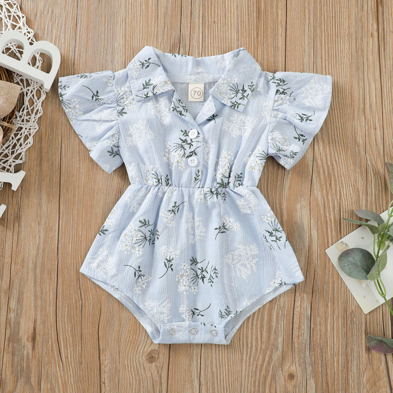 Baby Girl Solid Floral Print Short Sleeve Jumpsuit - PrettyKid