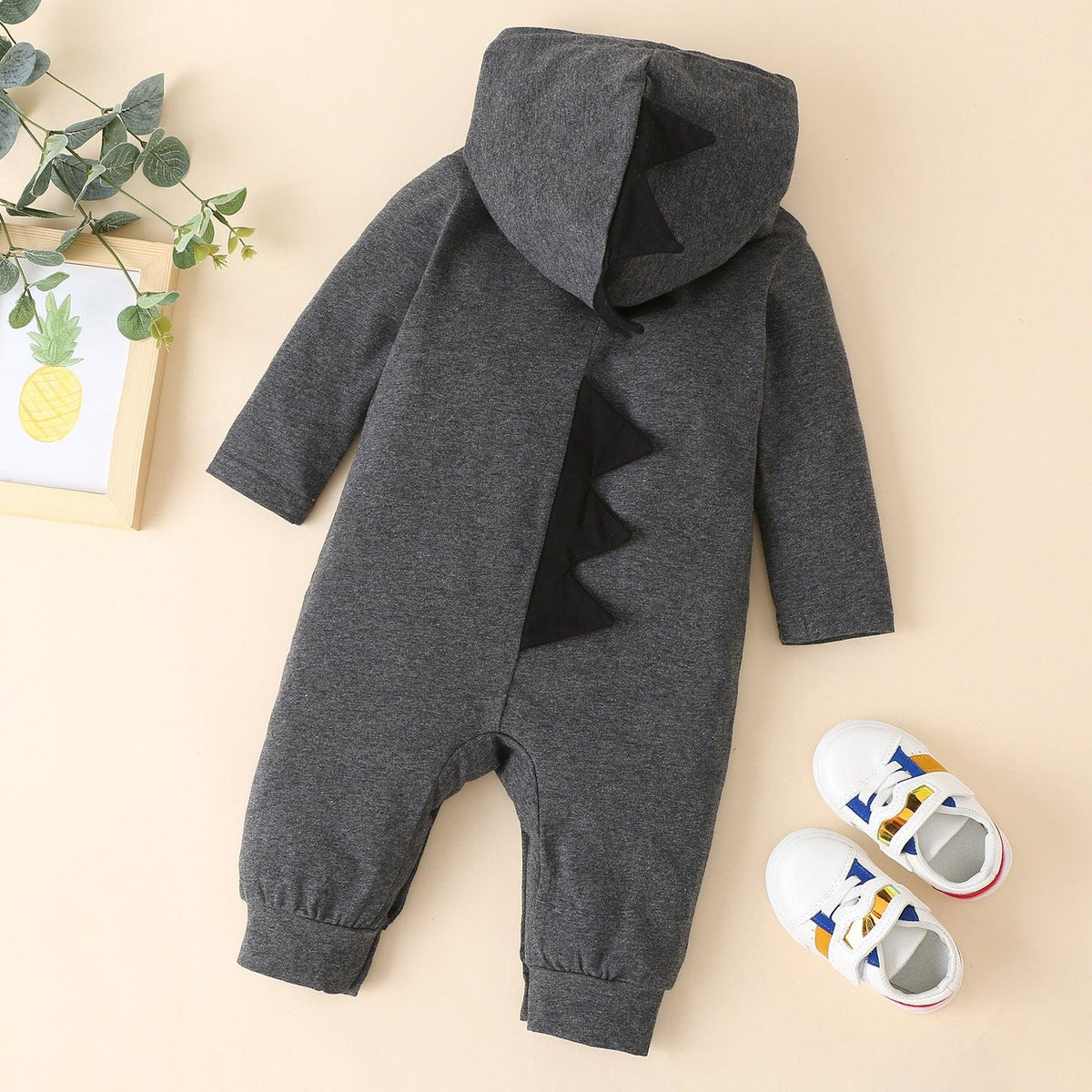 Autumn Winter Baby Solid Color Dinosaur Hooded Long Sleeve Jumpsuit - PrettyKid