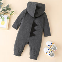 Autumn Winter Baby Solid Color Dinosaur Hooded Long Sleeve Jumpsuit - PrettyKid