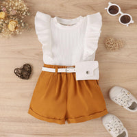 Spring and Summer Cotton Pit Strip Flying Sleeve Top Solid Color Shorts with Waist Bag Girls Suit