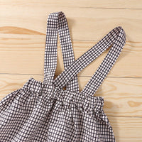 Toddler Girl Solid Color Long Sleeved Bow Shirt Plaid Print Suspender Skirt Set - PrettyKid