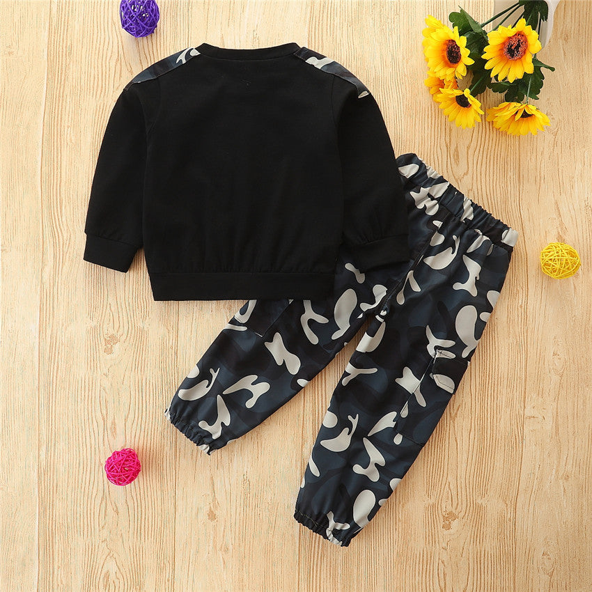 Toddler Kids Boys Solid Color Round Neck Long Sleeve Top Camouflage Pants Set - PrettyKid