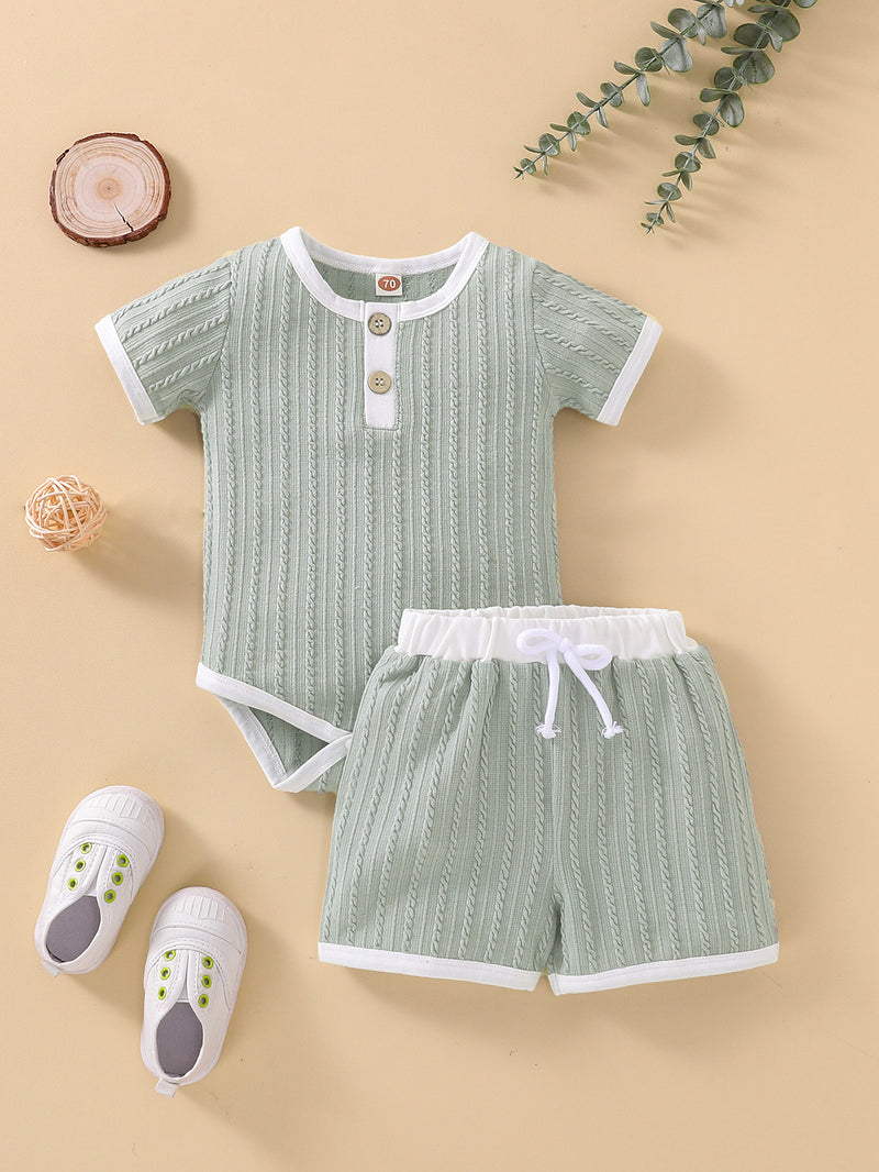 Baby Boys Girls Summer Solid Color Contrast Cotton Short Sleeve One-piece Suit - PrettyKid