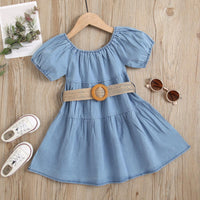 Toddler Kids Girls Blue Denim Short-sleeved Princess Dress Wholesale Little Girl Dresses - PrettyKid