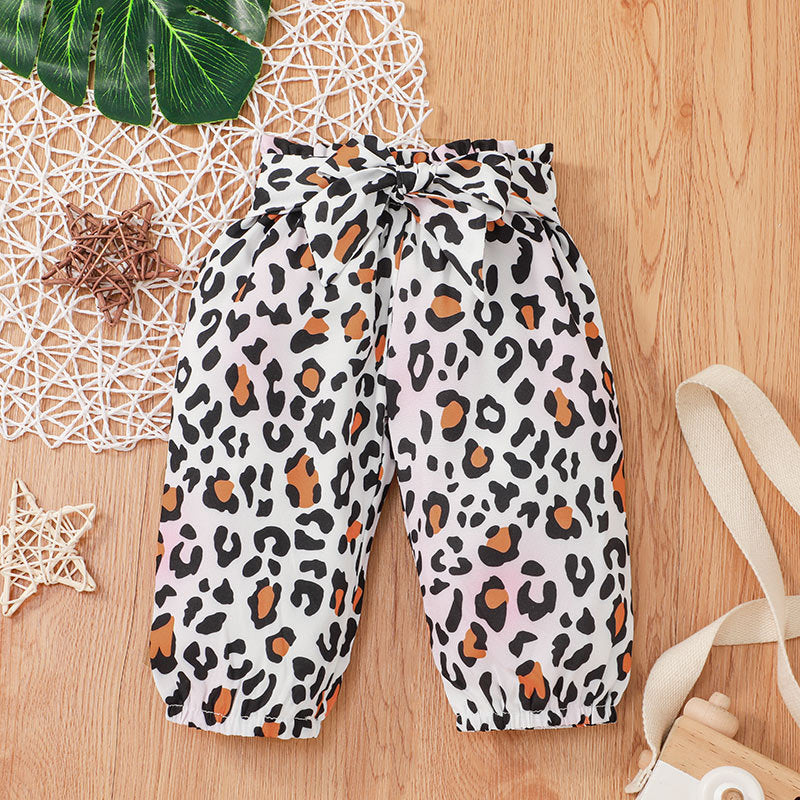 Baby Girls Solid Letter Short Sleeved Jumpsuit Leopard Print Pants Hair Accessories Set - PrettyKid