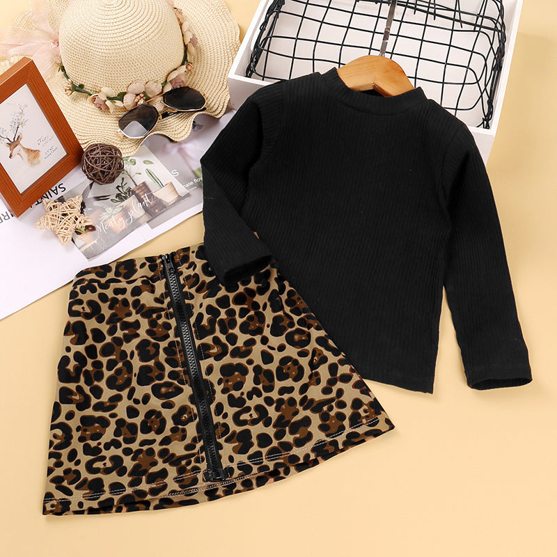 Toddler Kids Girls Solid Color Long Sleeve Top Leopard Print Skirt Set - PrettyKid