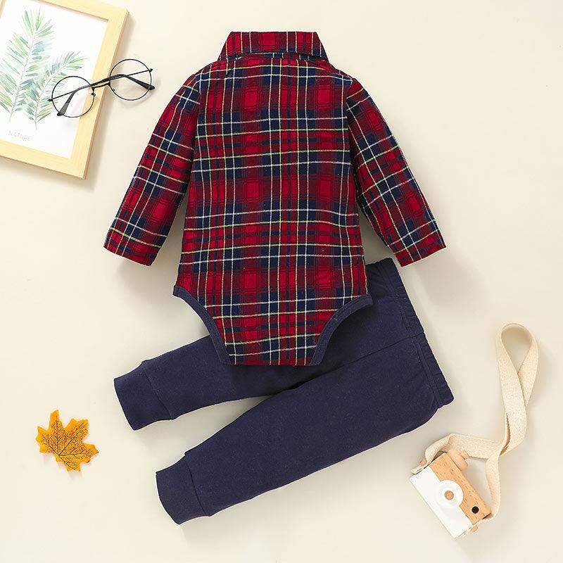 Baby Boys Plaid Print Bow Tie Gentleman Jumpsuit Solid Color Pants Set - PrettyKid