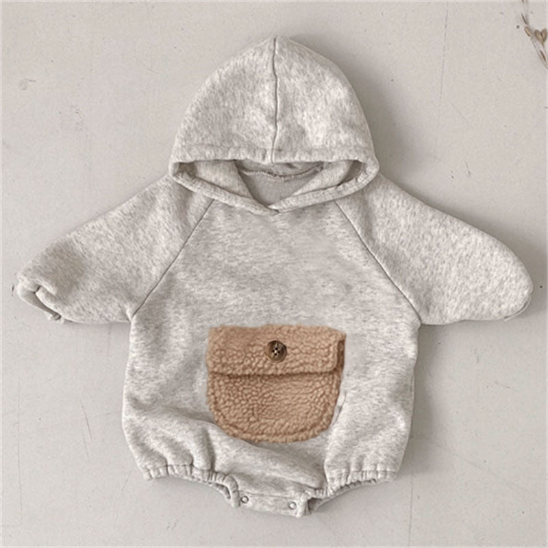 Baby Boys Girls Solid Lovely Plush Large Pocket Hooded Long Sleeved Jumpsuit Romper - PrettyKid