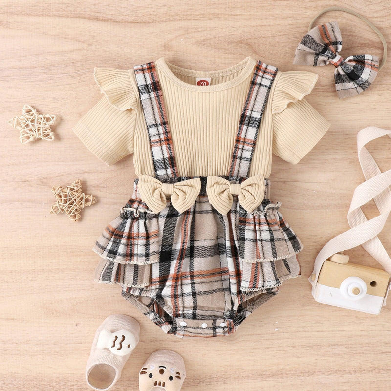 Baby Check Skirt Bow Short Sleeve Bodysuit - PrettyKid