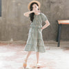 Girls Green Plaid Printed Bubble Sleeve Top Pleated Skirt Summer Suit - PrettyKid