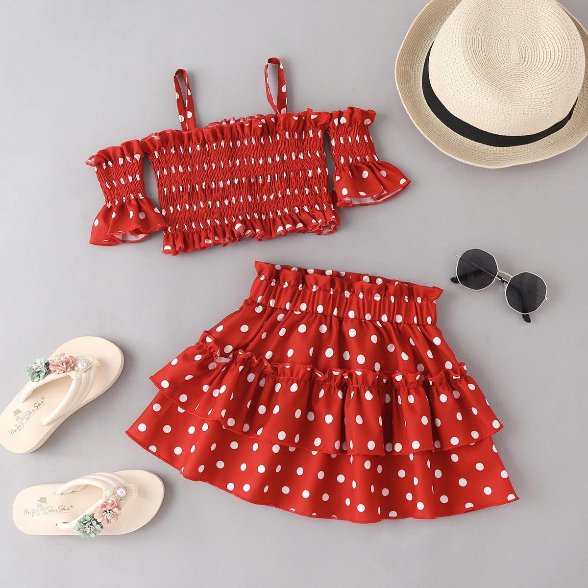 Children Summer Girls Wave Dot Printed Suspender Skirt Set Wholesale Girls Dresses - PrettyKid