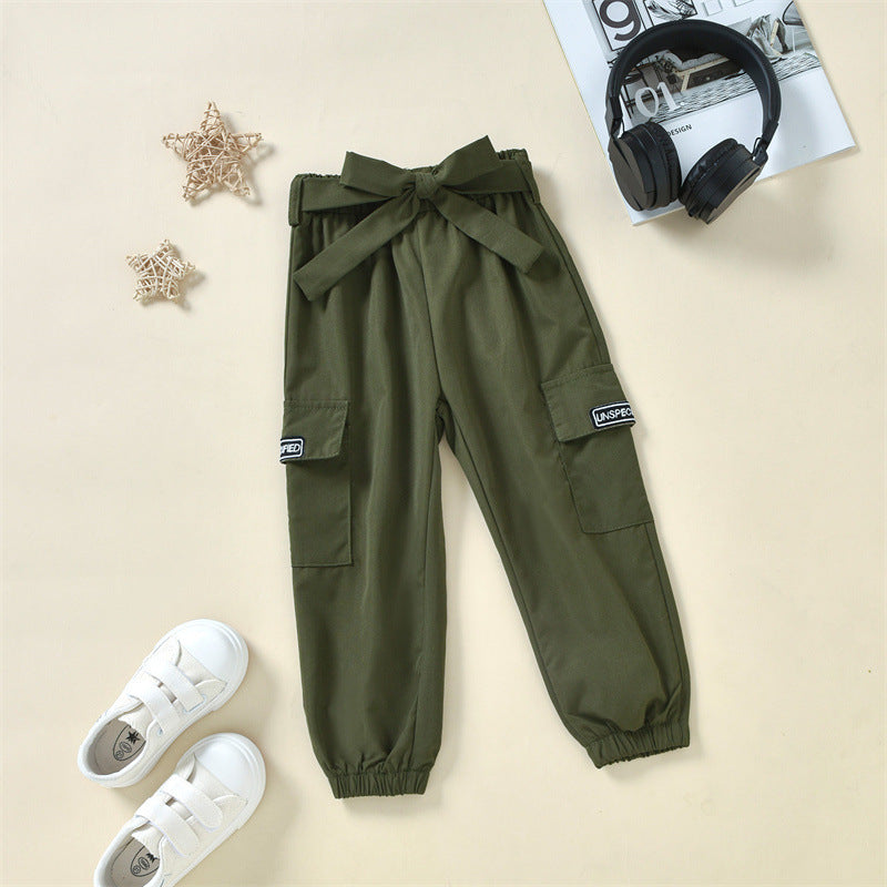 Toddler Kids Girls Solid Color Letter Embroidery High Neck Long Sleeve Top Military Green Camouflage Pants Set - PrettyKid