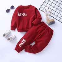 Toddler Kids Boys Girls Letter King Print Solid Long Sleeve Set - PrettyKid