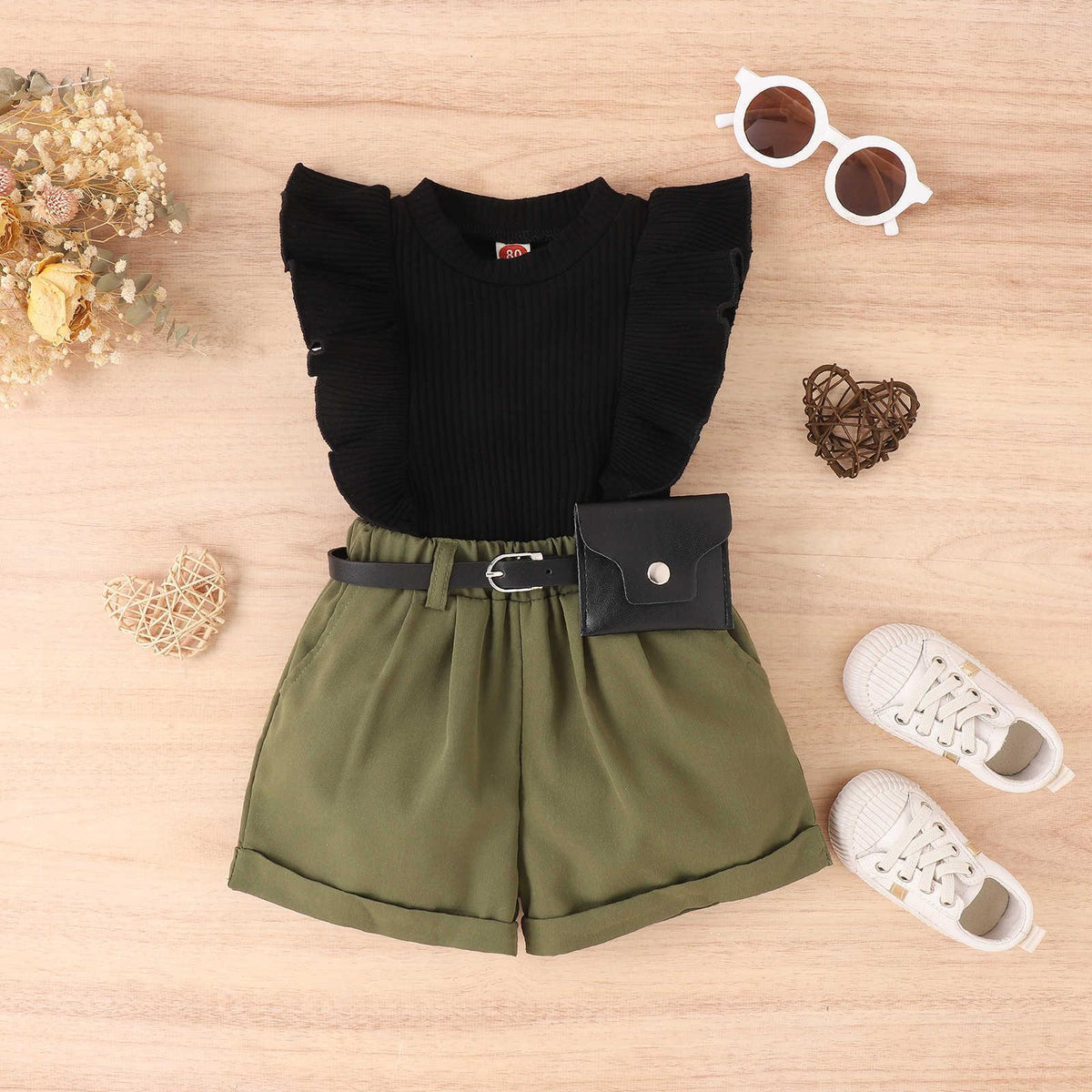 Spring and Summer Cotton Pit Strip Flying Sleeve Top Solid Color Shorts with Waist Bag Girls Suit