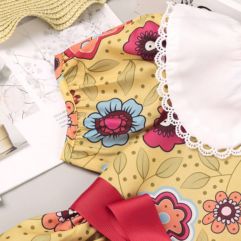 Toddler Kids Girls Flower Print Doll Neck Bow Short Sleeve Dress - PrettyKid