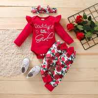 Baby Girls Letter Printed Bow Flower Long Sleeve Jumpsuit Pants Set - PrettyKid