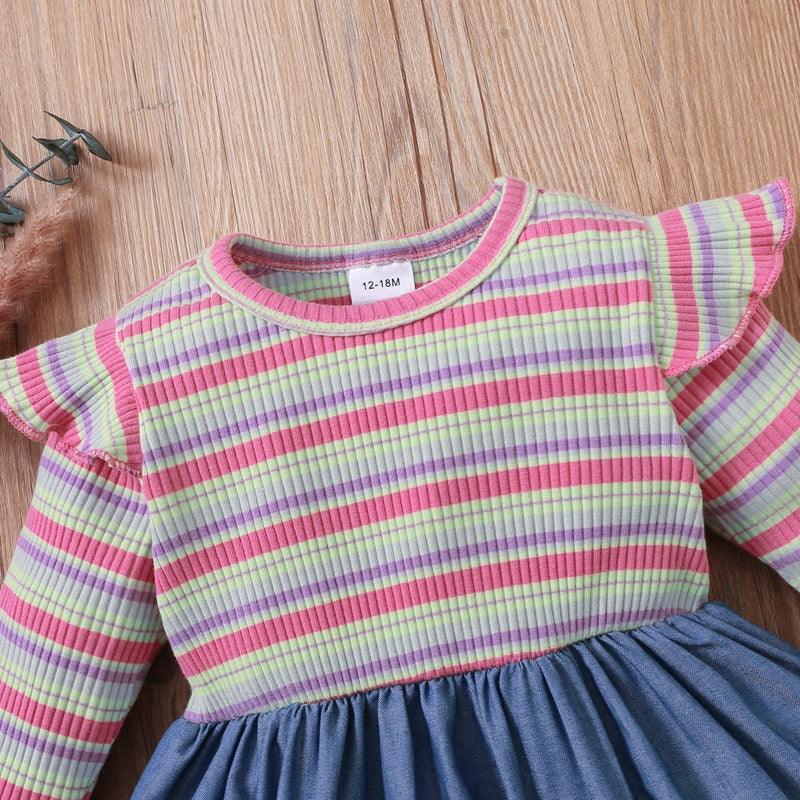 Toddler Kids Girls Color Striped Denim Stitched Long Sleeve Dress - PrettyKid