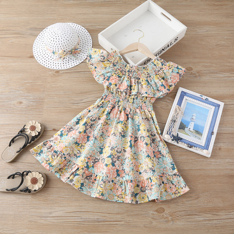 Toddler Kids Girls Solid Flower Print Ruffle Short Sleeve Waist Dress - PrettyKid