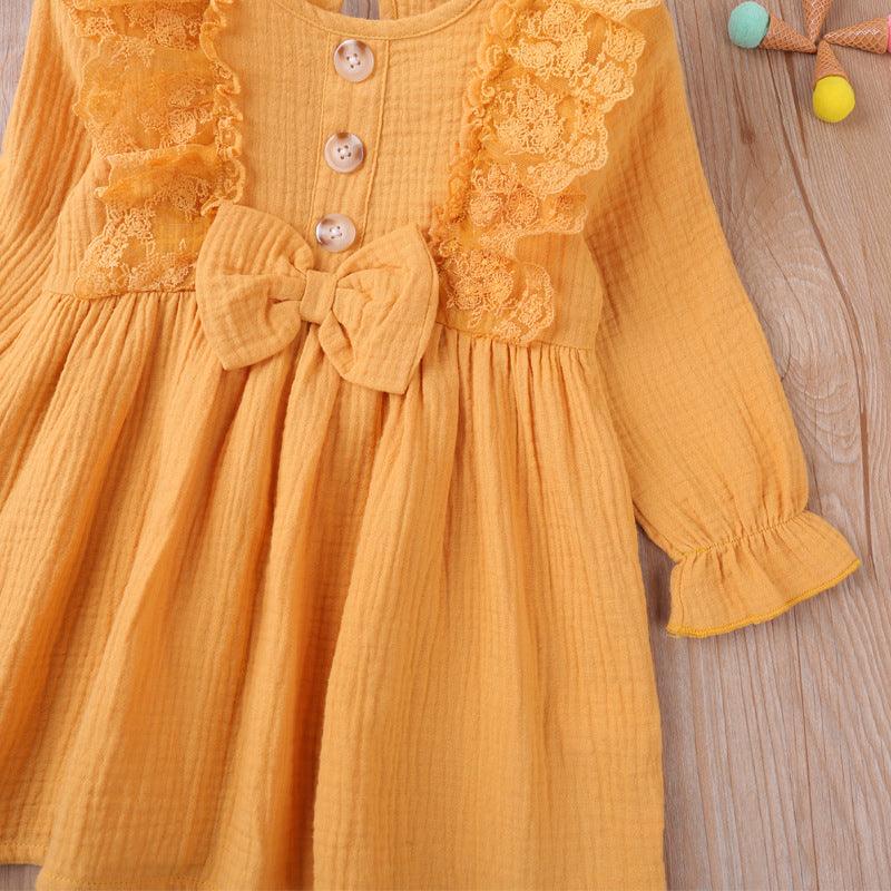 Toddler Kids Girls Solid Lace Bow Long Sleeve Dress - PrettyKid