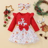 Baby Girls Christmas Moose Printed Jumpsuit Bow Sarong 3PCS Suit - PrettyKid