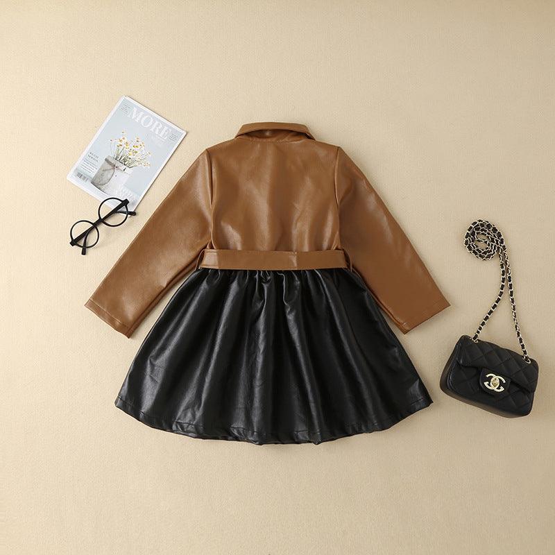 Girls' Autumn and Winter Leather Jacket Medium Length Splicing PU Leather Skirt Coat - PrettyKid