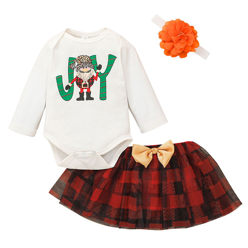 Baby Girls Solid Color Cartoon Letters Printed Long Sleeved Top Plaid Mesh Short Skirt - PrettyKid